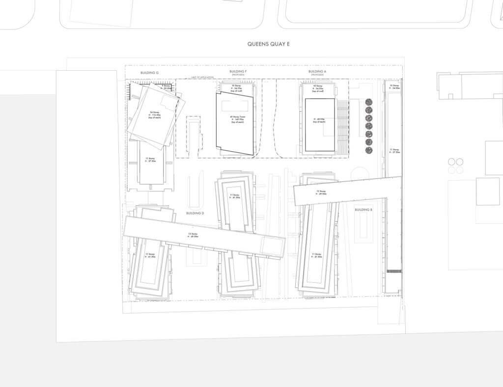 A site plan showing several rectangular buildings labeled A to G, paths, and landscaped areas within a city block bordered by Queens Quay E at the top. Each building is drawn with precise outlines and labeled dimensions.