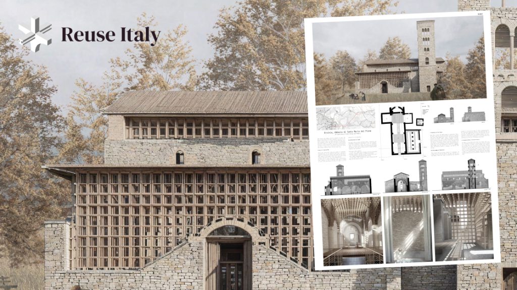 A stone building with a lattice-style facade is shown, with an architectural presentation board featuring plans and renderings overlaid to the right and “Reuse Italy” logo in the top left, one of the major competitions Graphisoft supports and offers for the next generation of architects and designers.