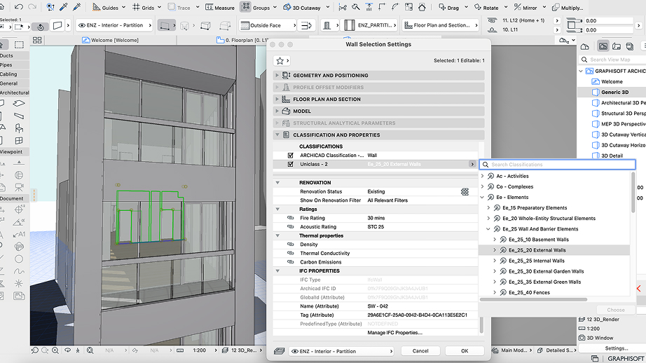 Ein Computerbildschirm zeigt eine Architekturplanungssoftware mit einem 3D-Gebäudemodell auf der linken Seite und einem geöffneten Dialogfeld für die Wandauswahleinstellungen auf der rechten Seite, in dem die Wandeigenschaften und Klassifizierungsoptionen angezeigt werden.
