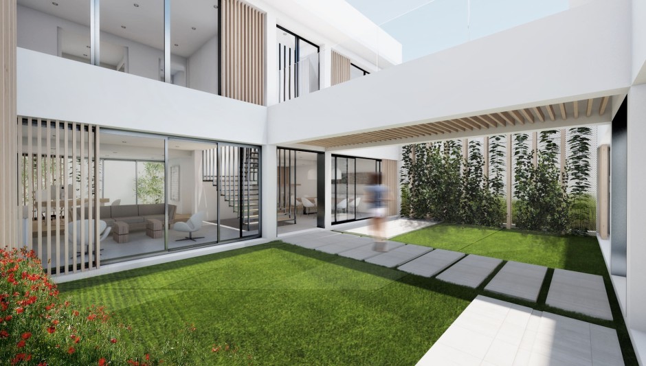 The patio as “core of light and life” and the horizontal connector between the built volumes - Villa Patio © enzyme apd