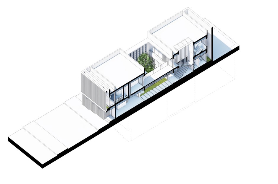 Axonometric section through the main axis and the iconic vertical connector “the floating staircase - Villa Patio, © enzyme apd