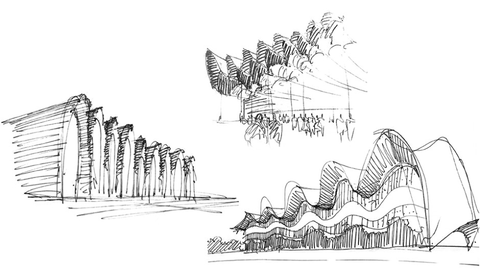 Initial sketches of the Rhythmic
                Gymnastic Center’s roof | Image courtesy of CPU Pride