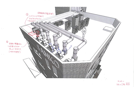 屋上ダクト配管検討スケッチ