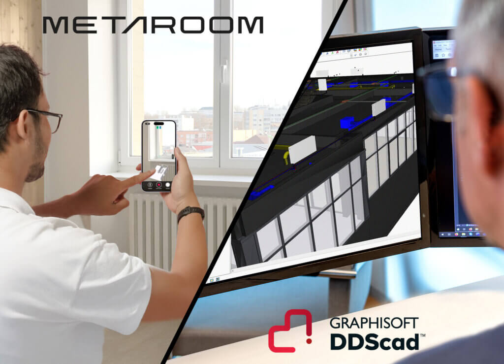 Ein geteiltes Bild zeigt links eine Person, die mit einem Smartphone einen Raum scannt, und rechts einen Computerbildschirm mit Architektursoftware. Logos von Metaroom und Graphisoft DDSCAD sind vorhanden.